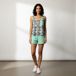 Modern Amusement Women's Tank Top Size L Black Green Geometric Pocket